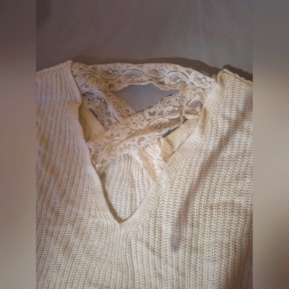 Poof Apparel - White, Lace-Back Knit Sweater - Picture 1 of 4